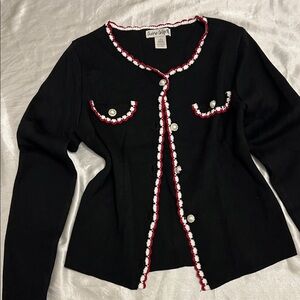 Chic Black Cardigan with Red and White Trim